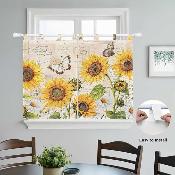 Yellow Sunflowers Bedroom Curtains 63 Inch Length, Window Curtains Tab Top, Country Farm Butterfly Flower Light Beige Light Filtering Window Treatments Drapes 42"x63" 2 Panel