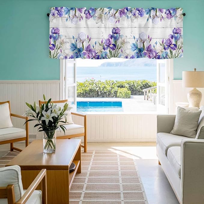 Spring Flowers Curtain Valances for Windows, Kitchen Valance Window Treatment, Watercolor Garden Florals Wooden Grain Light Filtering Block Curtains for Bathroom/Bedroom/Living Room 42'' x 12''