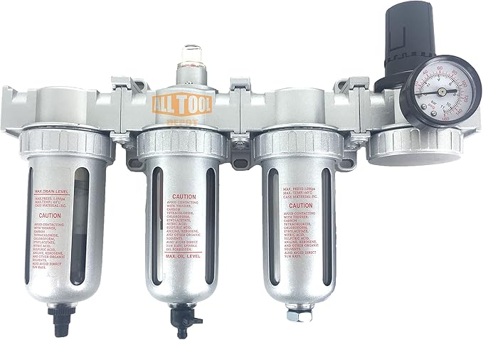 1/4" NPT MID FLOW 4 Stages Filter Coalescing Desiccant Dryer Regulator System For Compressed Air Lines, Poly Bowls, Great For Paint Spray And Plasma Cutter (AUTO DRAIN)