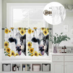 Kitchen Curtains Tiers and Valance Set of 3, Cow Sunflowers Light Filtering Window Curtain Set, Farmhouse Animals Plants Wooden Grain Rod Pocket Curtain Drapes for Cafe, Living Room, 36 Inches Tiers