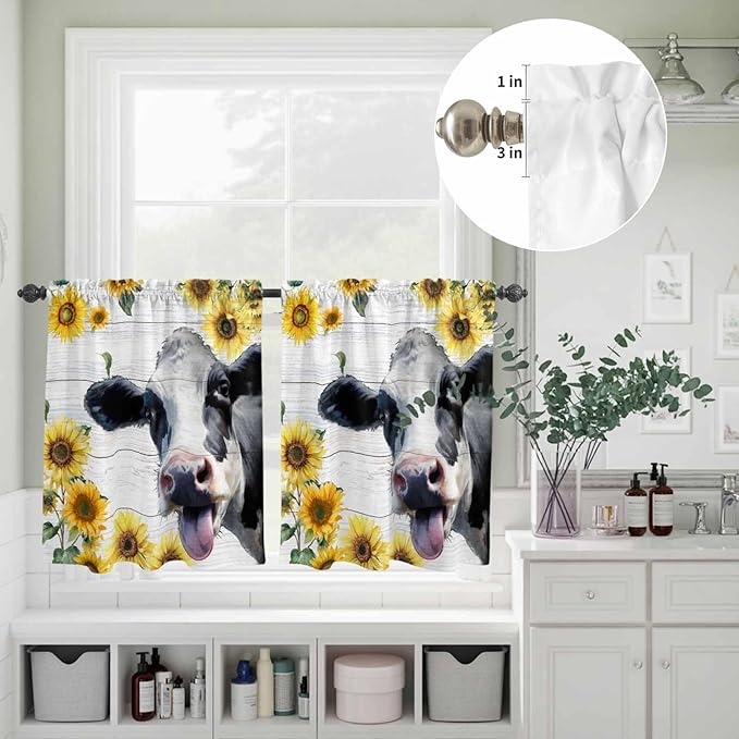 Kitchen Curtains Tiers and Valance Set of 3, Cow Sunflowers Light Filtering Window Curtain Set, Farmhouse Animals Plants Wooden Grain Rod Pocket Curtain Drapes for Cafe, Living Room, 36 Inches Tiers