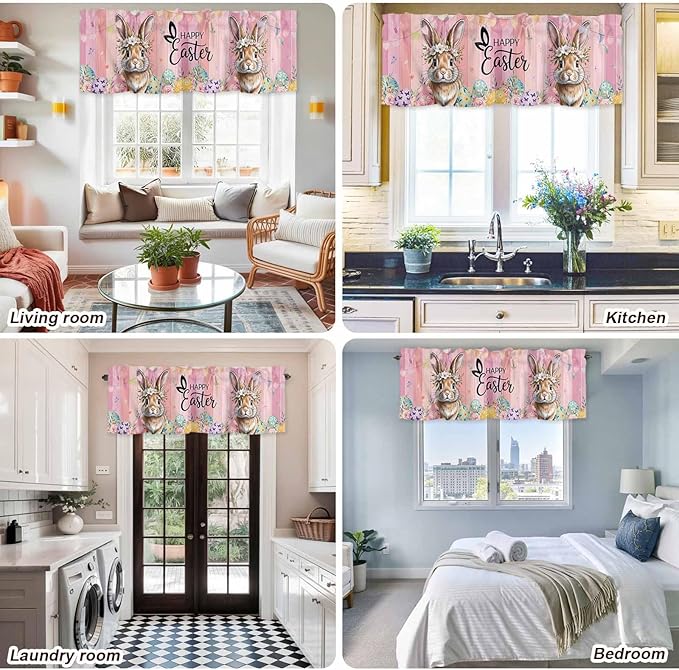 Easter Curtain Valances for Windows, Kitchen Valance Window Treatment, Spring Rabbit Eggs Flowers Flags Leaves Wood Grain Light Filtering Block Curtains for Bathroom/Bedroom/Living Room 54'' x 18''