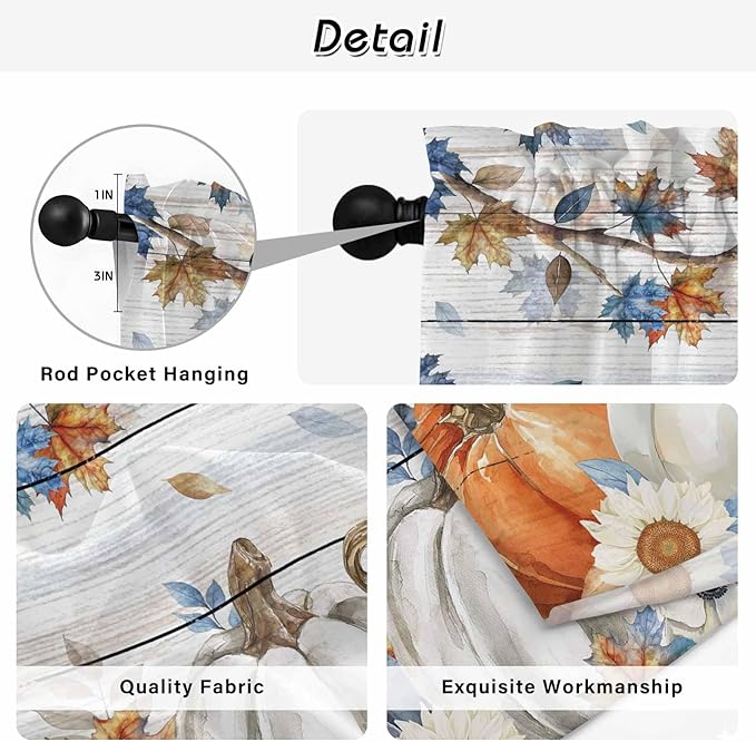 Thanksgiving Pumpkin Kitchen Tier Curtains 24 Inch Long 2 Panel Set,Rod Pocket Cafe Small Window Curtains Over Sink,Fall Maple Leaf Daisy Wooden Grain Short Drapes for Bathroom Cabinet 27.5"W x 24"L