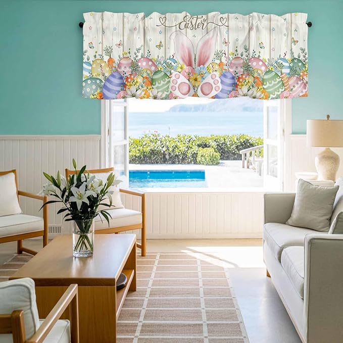 Happy Easter Curtain Valances for Windows, Kitchen Valance Window Treatment, Spring Colorful Eggs Rabbit Ear Feet Flowers Light Filtering Block Curtains for Bathroom/Bedroom/Living Room 42'' x 12''