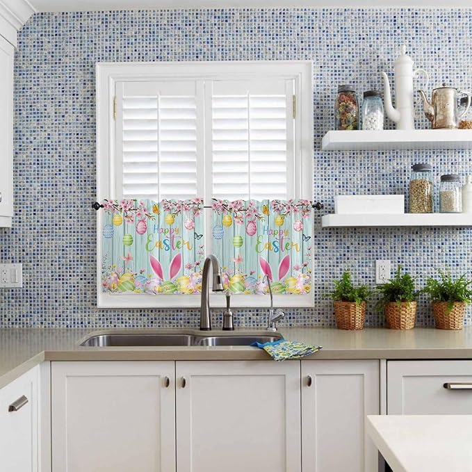 Happy Easter Half Window Curtains 24 Inches Long, Spring Bunny Eggs Flower Teal Wood Grain Window Treatment Curtain Drapes, Short Curtains Tiers for Kitchen Over Sink, 27.5"x24", 2 Panels
