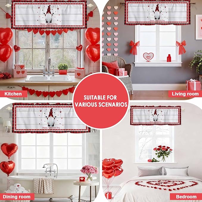 Valentine's Day Valance Curtains for Kitchen, Gnome Red Love Plaid Wood Grain Privacy Rod Pocket Valance Curtain, Light-Filtering Window Treatment for Bedroom Bathroom, 54"x18"