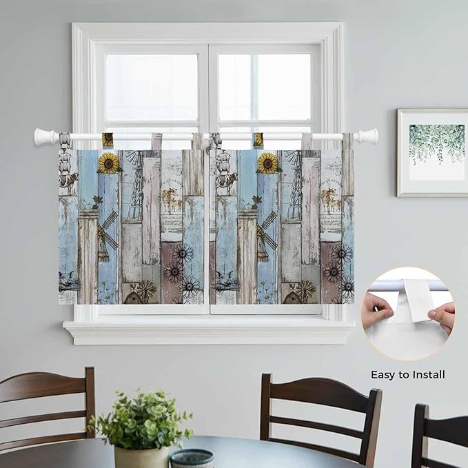 Blue Grey Wooden Kitchen Curtains 36 Inch Length, Small Window Curtains Tab Top, Farmhouse Barn Sunflowers Retro Light Filtering Short Window Treatments Tier Drapes 27.5"x36" 2 Panel