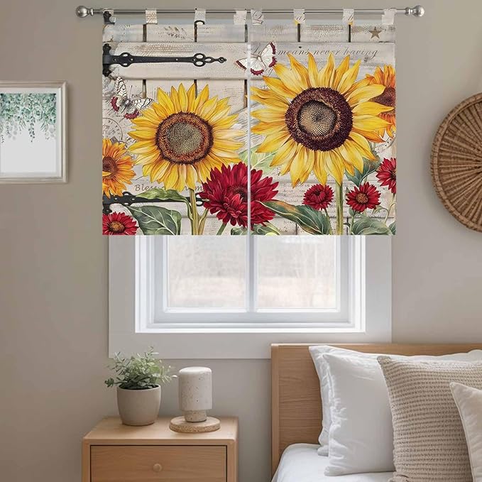 Red Yellow Sunflowers Kitchen Curtains 45 Inch Length, Short Cafe Window Curtains Tab Top, Retro Rustic Barn Doors Butterfly Brown Light Filtering Window Treatments Tier Drapes 27.5"x45" 2 Panel