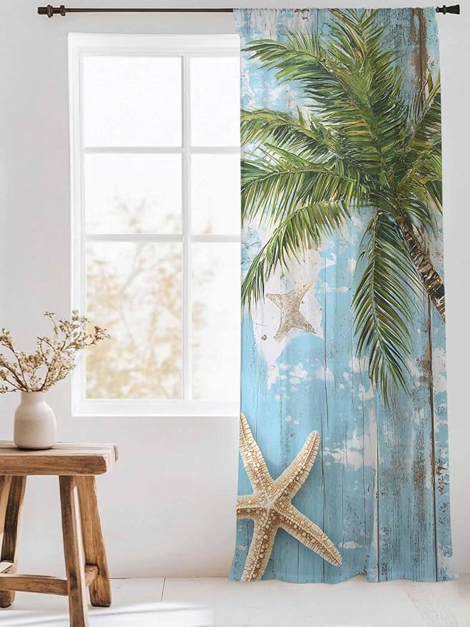 Sheer Curtains 84 Inches Long, Coastal Beach Blue Semi Sheer Curtains Light Filtering Window Treatment, Tropical Coconut Tree Vintage Wood Grain Privacy Voile Drapes for Living Room Bedroom 52x84 Inch