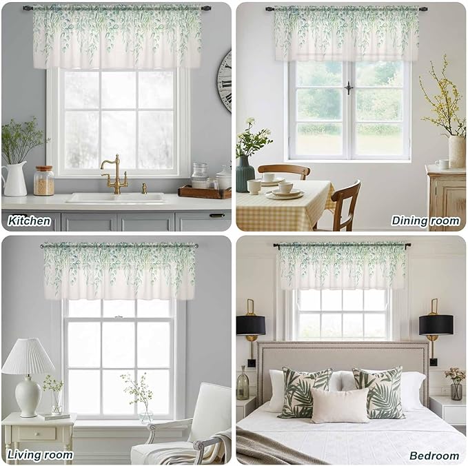 Green Leaf Sheer Valance Curtains, Eucalyptus Leaves Vintage Linen Texture Spring Plant Light Filtering Kitchen Valances Rod Pocket Voile Curtain Treatment for Bedroom/Living Room/Basement 54Wx18L