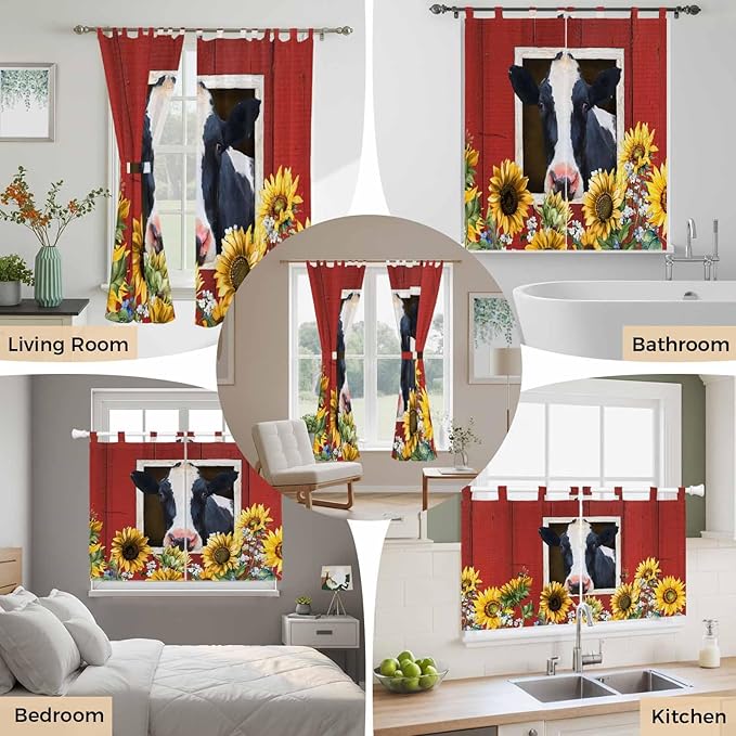 Cow Sunflowers Bedroom Curtains 72 Inch Length, Window Curtains Tab Top, Botanical Floral Leaves Bees Farm Barn Light Filtering Window Treatments Drapes 52"x72" 2 Panel