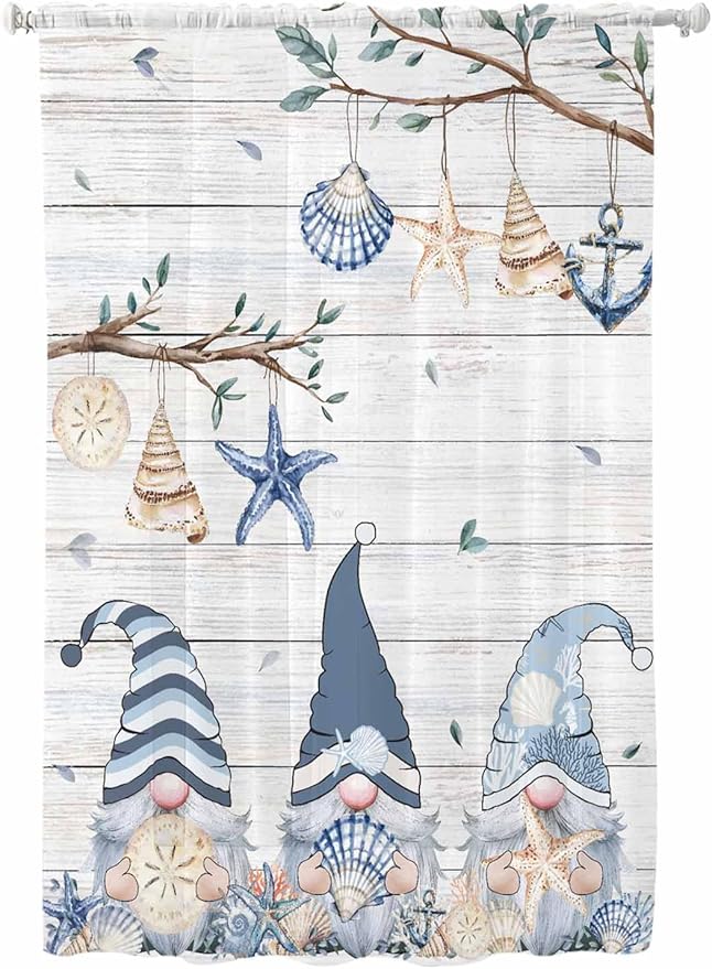 Sheer Curtains 63 Inch Length, Coastal Eucalyptus Semi Sheer Curtains Light Filtering Window Treatment, Ocean Blue Gnomes Starfish Leaf Wood Grain Privacy Voile Drapes for Living Room 52x63 Inch