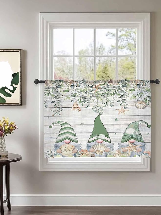 Sheer Curtains 54 Inch Length, Coastal Eucalyptus Leaf Semi Sheer Curtains Light Filtering Window Treatment, Sage Green Gnomes Starfish Privacy Voile Drapes for Living Room Bedroom 52x54 Inch