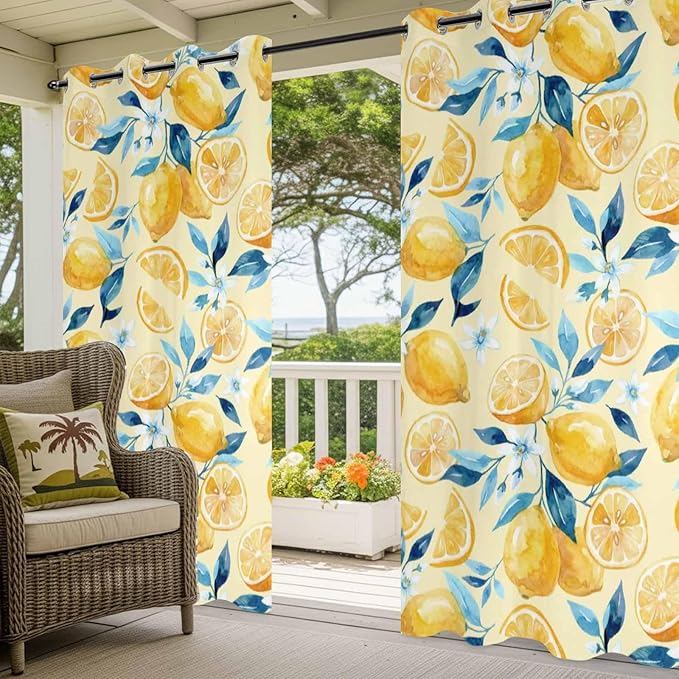 Lemon Outdoor Curtains for Patio Lemon Leaves Summer Plants Begin Waterproof Outside Curtains with Grommet Top Weatherproof Curtain for Cabana Pergola Gazebo, 1 Panel, 54" W x 84" L
