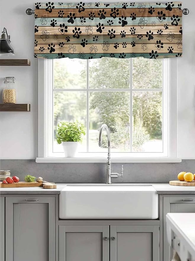 Dog Paws Valance Curtains for Kitchen, Teal Brown Wood Grain Privacy Rod Pocket Valance Curtain, Light-Filtering Window Treatment for Bedroom Bathroom, 60"x14"