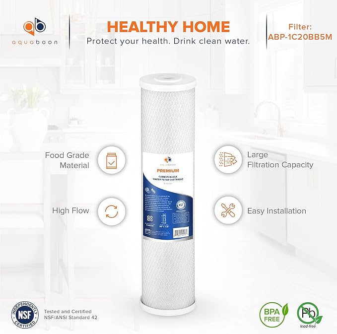 Aquaboon 5 Micron 20 x 4.5 Sediment, Anti-Scale, Carbon Water Filters Cartridges for 3-Stage Whole House Water Filtration System Replacement Set