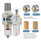 1/4" NPT Compressed Air Filter Regulator Lubricator Combination Water/Oil Trap Separator - Specifications (0-150 psi),5 Micron Brass Element,polyethylene Bowl,Manual Drain,Bracket