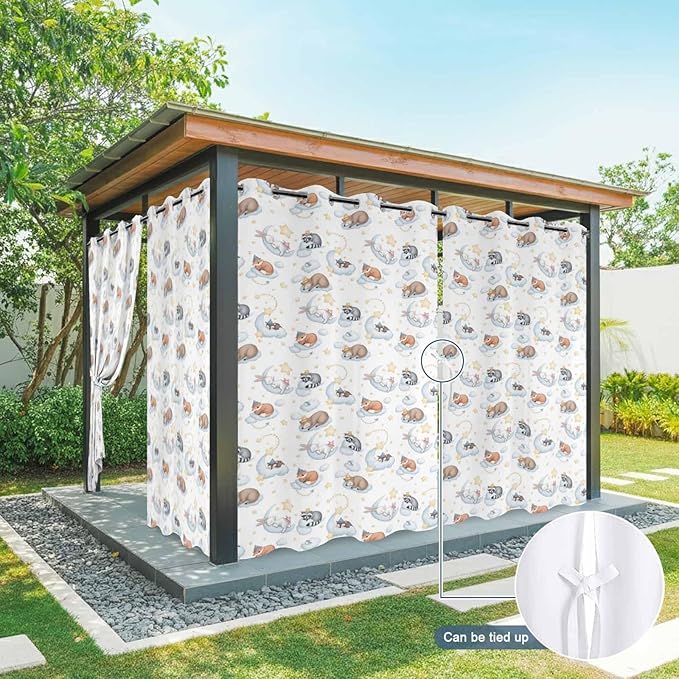 Cartoon Animals Outdoor Curtains for Patio Raccoons Rabbits Moon Waterproof Outside Curtains with Grommet Top Weatherproof Curtain for Cabana Pergola Gazebo, 1 Panel, 54" W x 95" L