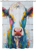 Sheer Curtains 63 Inch Length, Farmhouse Oil Painting Semi Sheer Curtains Light Filtering Window Treatment, Colorful Cow Animal Wooden Grain Privacy Voile Drapes for Living Room Bedroom 52x63 Inch
