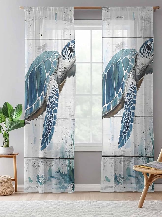 Sheer Curtains 84 Inches Long, Teal Green Sea Turtle Semi Sheer Curtains Light Filtering Window Treatment, Summer Ocean Vintage Wood Grain Privacy Voile Drapes for Living Room Bedroom 52x84 Inch