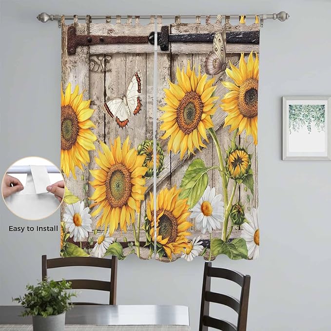 Farmhouse Sunflowers Living Room Curtains 96 Inch Length, Window Curtains Tab Top, Rustic Barn Doors Flowers Butterfly Wooden Light Filtering Window Treatments Drapes 52"x96" 2 Panel