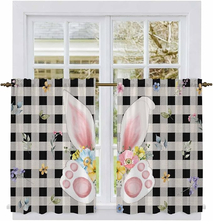 Easter Kitchen Curtains 45 Inch Long 2 Panel Set, Rod Pocket Window Treatment, Spring Rabbits Ears Feet Wildflowers Black Plaid Light Filtering Panels Short Drapes for Bathroom Camper 42"W x 45"L