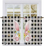 Easter Kitchen Curtains 45 Inch Long 2 Panel Set, Rod Pocket Window Treatment, Spring Rabbits Ears Feet Wildflowers Black Plaid Light Filtering Panels Short Drapes for Bathroom Camper 42"W x 45"L