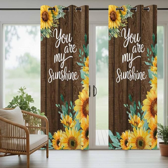Summer Outdoor Curtains for Patio Sunflowers Eucalyptus Leaves Wood Waterproof Outside Curtains with Grommet Top Weatherproof Curtain for Cabana Pergola Gazebo, 1 Panel, 54" W x 84" L