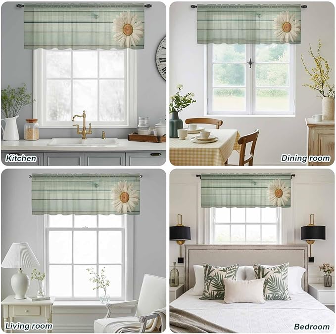 Daisy Flower Sheer Valances for Windows 54"x18", Light Filtering Kitchen Curtains Valance, Modern Art Floral Farmhouse Teal Wooden Grain Rod Pocket Chiffon Curtains for Living Room Bedroom Cafe