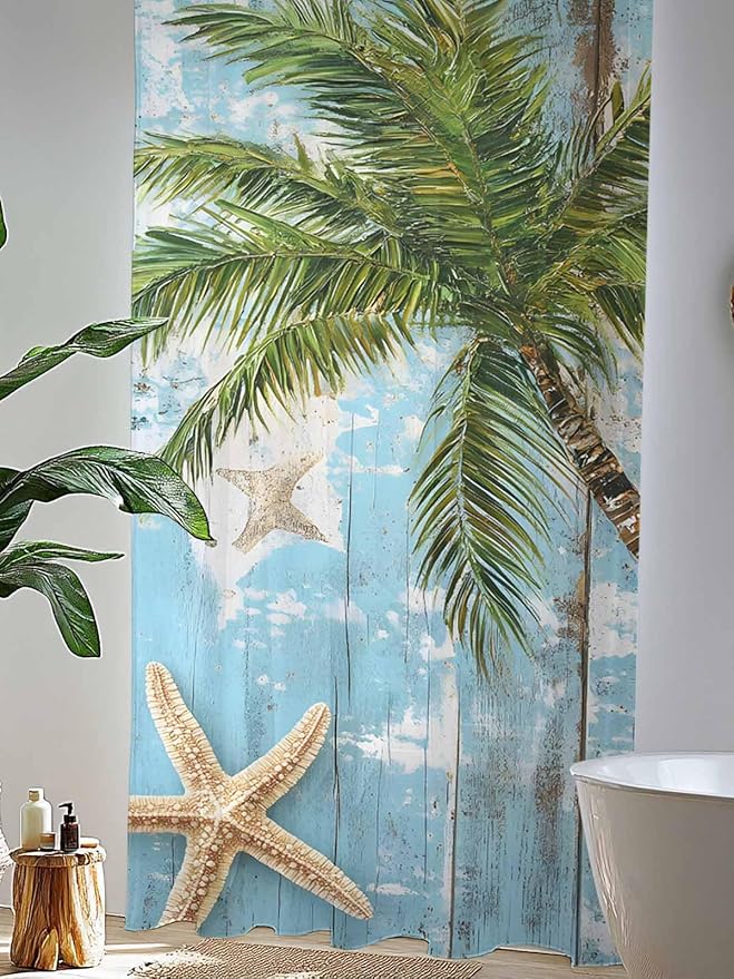 Sheer Curtains 108 Inches Long, Coastal Beach Blue Semi Sheer Curtains Light Filtering Window Treatment, Tropical Coconut Tree Vintage Wood Grain Privacy Voile Drapes for Living Room 52x108 Inch