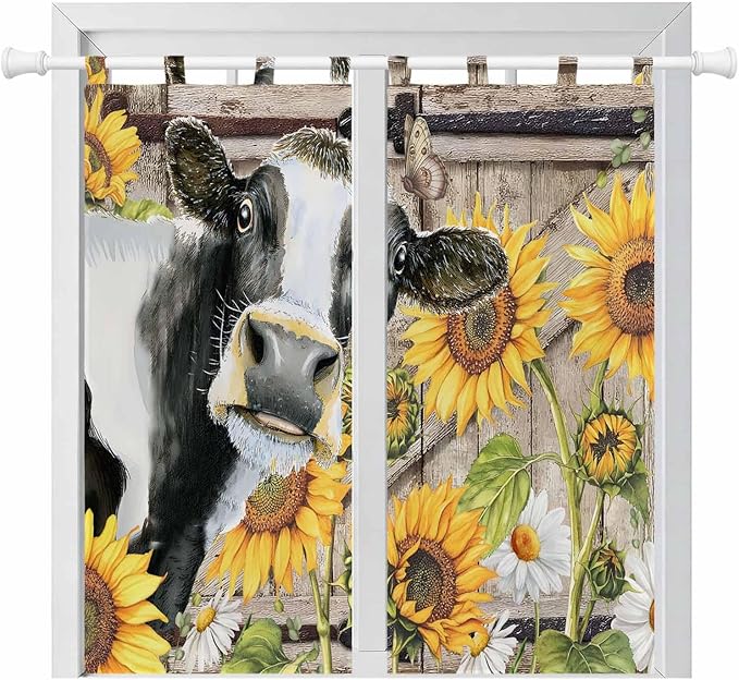 Retro Farmhouse Flower Bathroom Curtains 63 Inch Length, Window Curtains Tab Top, Yellow Sunflowers Cow Barn Doors Brown Light Filtering Window Treatments Drapes 52"x63" 2 Panel
