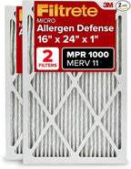 Filtrete 16x24x1 AC Furnace Air Filter, MERV 11, MPR 1000, Micro Allergen Defense, 3-Month Pleated 1-Inch Electrostatic Air Cleaning Filter, 2 Pack (Actual Size 15.813 x 23.813 x 0.656 in)