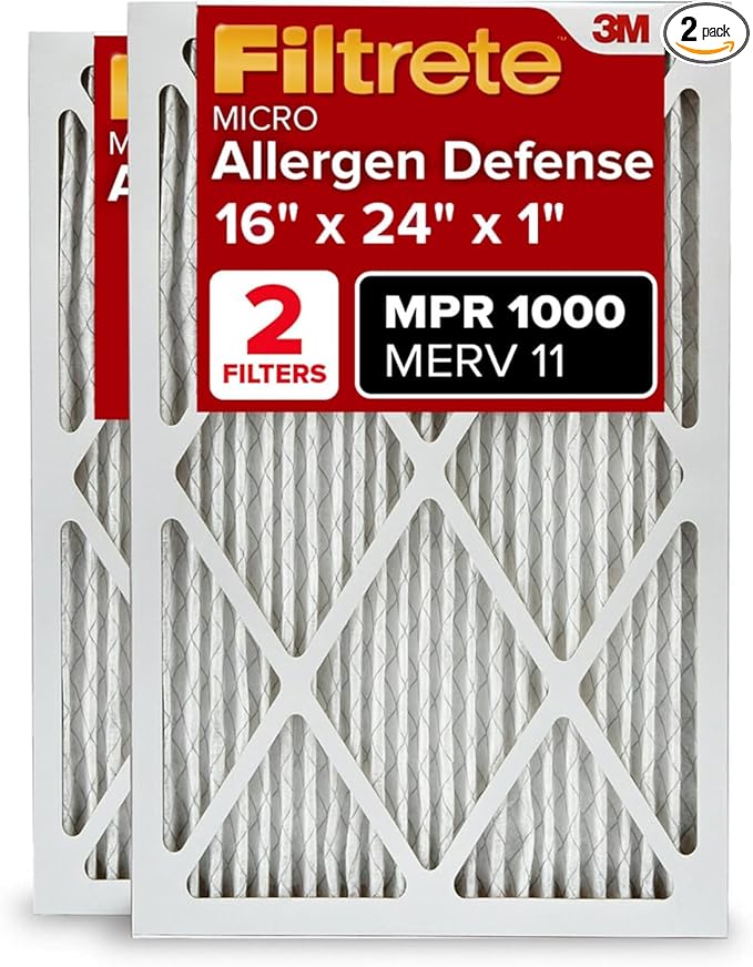 Filtrete 16x24x1 AC Furnace Air Filter, MERV 11, MPR 1000, Micro Allergen Defense, 3-Month Pleated 1-Inch Electrostatic Air Cleaning Filter, 2 Pack (Actual Size 15.813 x 23.813 x 0.656 in)
