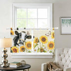 Yellow Sunflowers Kitchen Curtains 36 Inch Length, Small Window Curtains Tab Top, Country Cow Flower Butterfly Farmhouse Cream Light Filtering Short Window Treatments Tier Drapes 27.5"x36" 2 Panel
