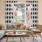Easter Window Curtains 72 Inch Long 2 Panel Set,Rod Pocket Long Curtains & Drapes,Spring Rabbits Ears Feet Wildflowers Black Plaid Light Filtering Window Treatment for Bedroom Living Room 52"W x 72"L