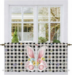 Easter Kitchen Tier Curtains 24 Inch Long 2 Panel Set,Rod Pocket Cafe Small Window Curtains Over Sink,Spring Rabbits Ears Feet Wildflowers Black Plaid Light Filtering Short Drapes 27.5"W x 24"L