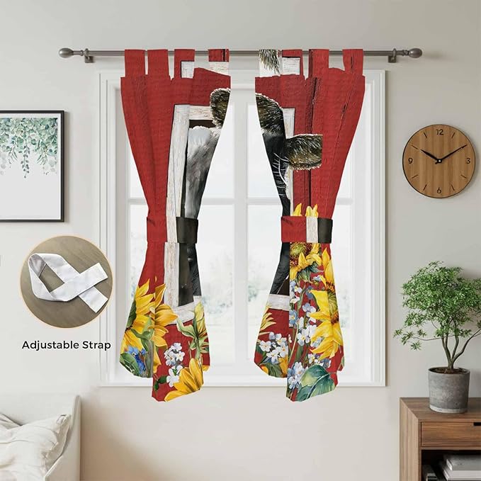 Cows Sunflowers Bathroom Curtains 63 Inch Length, Window Curtains Tab Top, Spring Botanical Floral Bees Red Barn Light Filtering Window Treatments Drapes 52"x63" 2 Panel