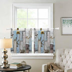 Blue Grey Wooden Kitchen Curtains 24 Inch Length, Small Window Curtains Tab Top, Farmhouse Barn Sunflowers Retro Light Filtering Short Window Treatments Tier Drapes 27.5"x24" 2 Panel