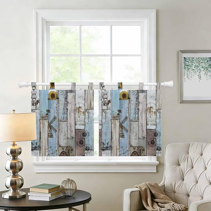 Blue Grey Wooden Kitchen Curtains 24 Inch Length, Small Window Curtains Tab Top, Farmhouse Barn Sunflowers Retro Light Filtering Short Window Treatments Tier Drapes 27.5"x24" 2 Panel