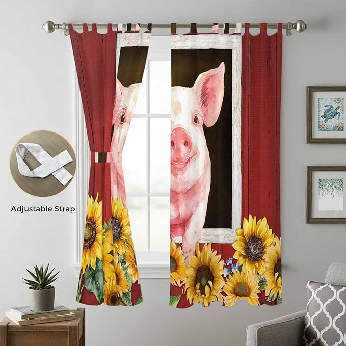 Pigs Sunflowers Living Room Curtains 84 Inch Length, Window Curtains Tab Top, Farmhouse Red Barn Flowers Animals Light Filtering Window Treatments Drapes 52"x84" 2 Panel