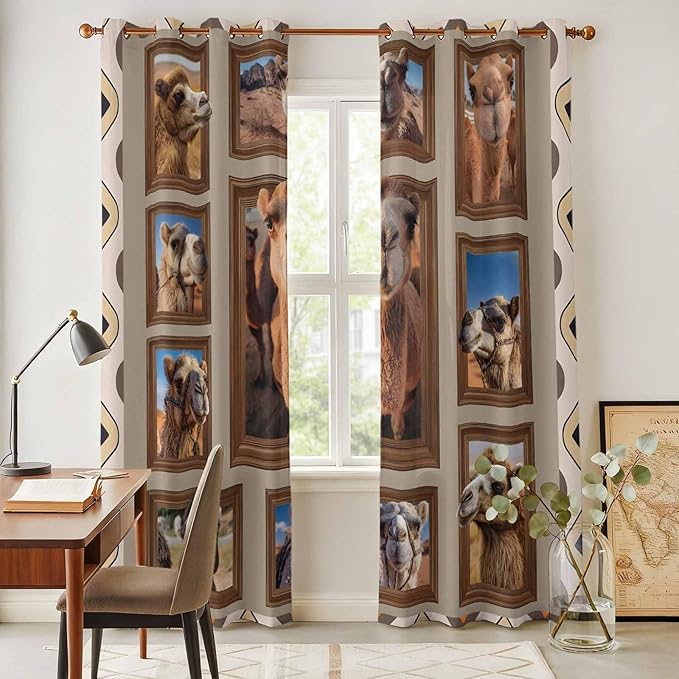 2 Panel Kitchen Cafe Curtains, Desert Camels Sunlight Filtering Nature Air Through, Home Decor Window Covering Tier Curtains for Living Room 104W x 90L inch Western Wildlife Brown Animals Country