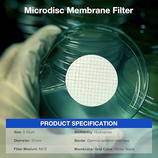 SimPure MCE Gridded Membrane Filter Sterile, 47mm Diameter and 0.45um Pore Size, Individual Pack Membrane Disc Filter, Hydrophilic Filter Paper, Pack of 1000