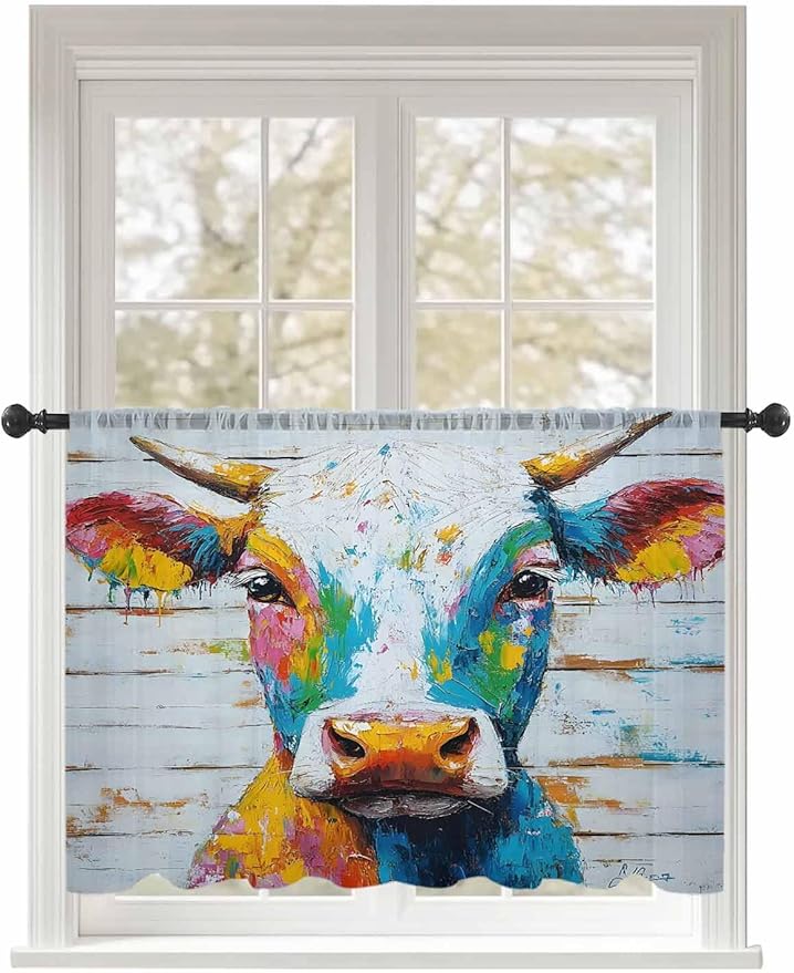 Sheer Curtains 45 Inch Length, Funny Colorful Cow Semi Sheer Curtains Light Filtering Window Treatment, Retro Rustic Oil Painting Wood Grain Privacy Voile Drapes for Living Room Bedroom 52x45 Inch