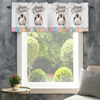 Grey Easter Curtain Valances for Windows, Kitchen Valance Window Treatment, Spring Cartoon Bunny Colorful Eggs Wood Grain Light Filtering Block Curtains for Bathroom/Bedroom/Living Room 60'' x 18''