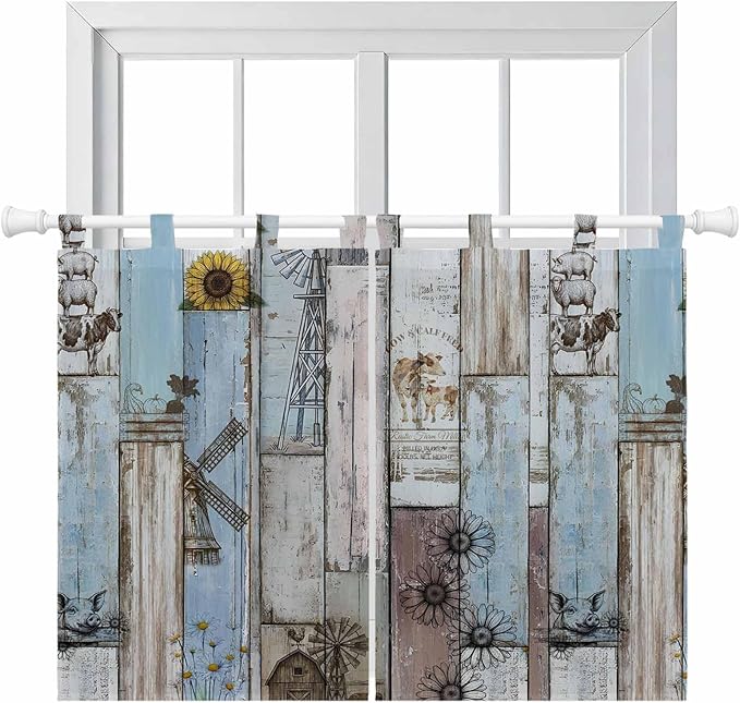 Blue Grey Wooden Kitchen Curtains 45 Inch Length, Short Cafe Window Curtains Tab Top, Farmhouse Barn Sunflowers Retro Light Filtering Window Treatments Tier Drapes 27.5"x45" 2 Panel