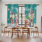 Spring Flowers Kitchen Curtains, Farmhouse Watercolor Teal Wood Grain Light Filtering Window Curtain Panels, 2Pcs Rod Pocket Window Treatments Set for Living Room Bathroom Bedroom 52x72 Inches