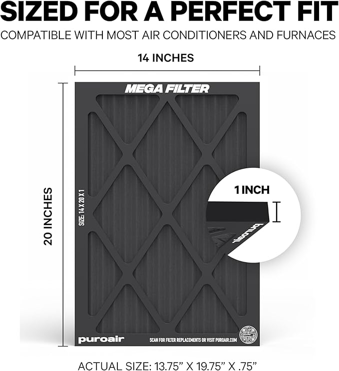 PuroAir MegaFilter - 14x20x1 Air Filter MERV 13 Activated CarbonTech Defense - Heavy Duty 3 Layer Furnace Filters Allergens, Pollen, Dust, Pet Dander, Smoke, Odors - HVAC Air Filter 14x20x1 (2-Pack)