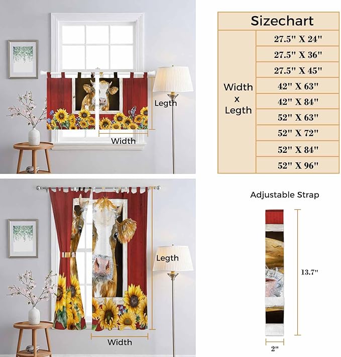 Cows Sunflowers Living Room Curtains 96 Inch Length, Window Curtains Tab Top, Spring Floral Bees Farmhouse Barn Light Filtering Window Treatments Drapes 52"x96" 2 Panel