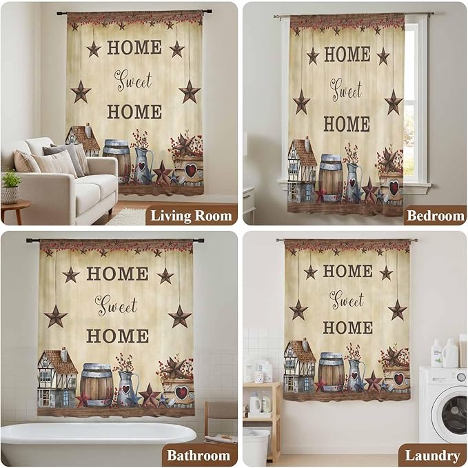 Farm Sheer Curtains 45 Inch Length American Country Barn Star Vintage Berry Brown Chiffon Curtain for Bedroom Living Room Light Filtering Rod Pocket Window Treatments Voile Curtains Drapes for Kitchen