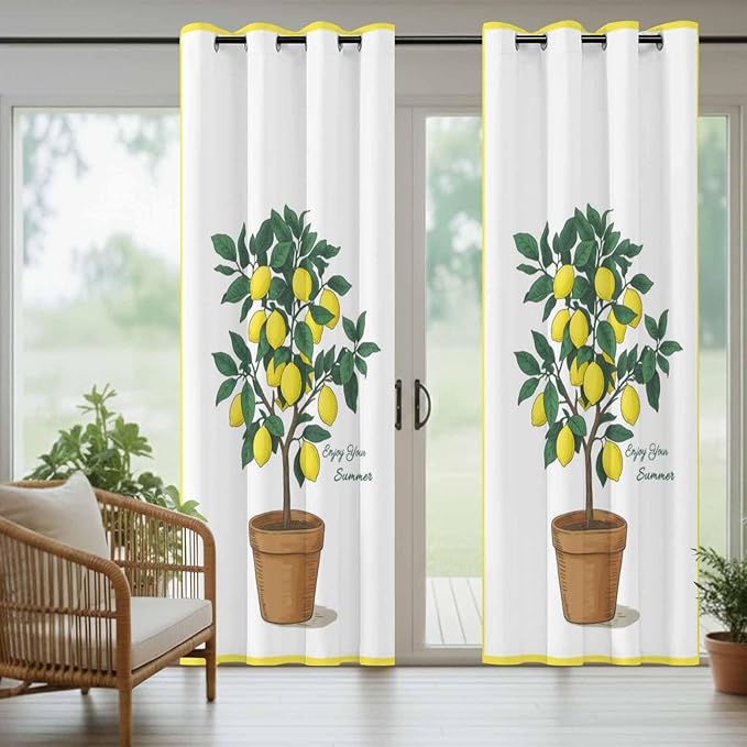 Lemons Outdoor Curtains for Patio Summer Fruit Lemon Tree Waterproof Outside Curtains with Grommet Top Weatherproof Curtain for Cabana Pergola Gazebo, 2 Pack, 54" W x 84" L